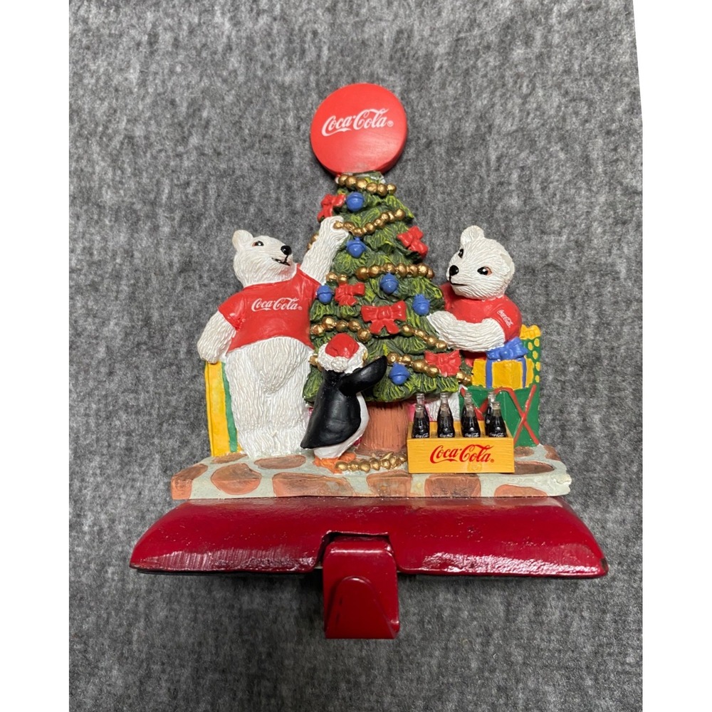 Vintage 1997 Coca-Cola Polar Bear Christmas Tree Stocking Holder Cast Iron Base
